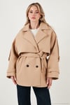 Oversize Fit Kruvaze Yaka Kuşaklı Kaşe Kadın Kaban 6839669 CAMEL