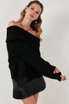 Oversize Fit Madonna Yaka Triko Kadın Kazak 4615216 SİYAH