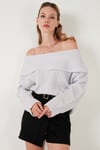 Oversize Fit Madonna Yaka Triko Kadın Kazak 4615216 AÇIK GRİ