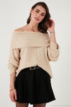 Oversize Fit Madonna Yaka Triko Kadın Kazak 4615216 BEJ