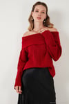 Oversize Fit Madonna Yaka Triko Kadın Kazak 4615216 KIRMIZI