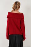 Oversize Fit Madonna Yaka Triko Kadın Kazak 4615216 KIRMIZI