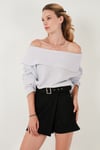 Oversize Fit Madonna Yaka Triko Kadın Kazak 4615216 AÇIK GRİ