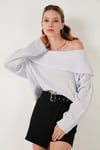 Oversize Fit Madonna Yaka Triko Kadın Kazak 4615216 AÇIK GRİ