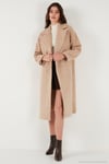 Oversize Fit Mono Yaka Düğmeli Buklet Uzun Kaşe Kadın Kaban 6810236 BEJ