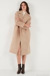 Oversize Fit Mono Yaka Düğmeli Buklet Uzun Kaşe Kadın Kaban 6810236 BEJ