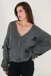Oversize Fit V Yaka Fiyonk Detaylı Düğmeli Kadın Hırka 4615577 ANTRASİT