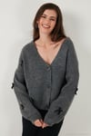 Oversize Fit V Yaka Fiyonk Detaylı Düğmeli Kadın Hırka 4615577 ANTRASİT