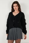 Oversize Fit V Yaka Fiyonk Detaylı Düğmeli Kadın Hırka 4615577 SİYAH