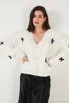 Oversize Fit V Yaka Fiyonk Detaylı Düğmeli Kadın Hırka 4615577 EKRU