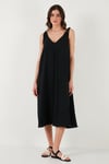 Oversize Fit V Yaka Midi Boy Basic Kadın Elbise 6788688 SİYAH