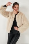 Oversize Fit Yuvarlak Yaka Astarlı Kısa Kadın Kürk 6810266 EKRU