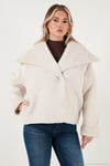 Oversize Geniş Yaka Çıtçıt Düğmeli Astarlı Peluş Kadın Mont 6839623 BEYAZ