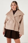 Oversize Geniş Yaka Çıtçıt Düğmeli Astarlı Peluş Kadın Mont 6839623 TAŞ