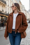 Oversize Klasik Yaka Fermuarlı Süet Dokulu Bomber Kadın Ceket 6839635 TABA