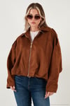Oversize Klasik Yaka Fermuarlı Süet Dokulu Bomber Kadın Ceket 6839635 TABA