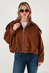 Oversize Klasik Yaka Fermuarlı Süet Dokulu Bomber Kadın Ceket 6839635 TABA