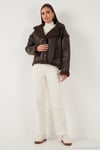 Oversize Kruvaze Yaka Peluş Detaylı Suni Deri Biker Ceket Kadın Mont 6810247 KAHVE