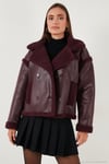 Oversize Kruvaze Yaka Peluş Detaylı Suni Deri Biker Ceket Kadın Mont 6810247 BORDO