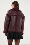 Oversize Kruvaze Yaka Peluş Detaylı Suni Deri Biker Ceket Kadın Mont 6810247 BORDO