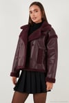 Oversize Kruvaze Yaka Peluş Detaylı Suni Deri Biker Ceket Kadın Mont 6810247 BORDO
