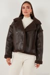 Oversize Kruvaze Yaka Peluş Detaylı Suni Deri Biker Ceket Kadın Mont 6810247 KAHVE