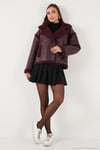 Oversize Kruvaze Yaka Peluş Detaylı Suni Deri Biker Ceket Kadın Mont 6810247 BORDO