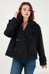 Oversize Kruvaze Yaka Yumuşak Tüylü Düğmeli Astarlı Kadın Mont 6839659 SİYAH