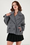 Oversize Kruvaze Yaka Yumuşak Tüylü Düğmeli Astarlı Kadın Mont 6839659 ANTRASİT