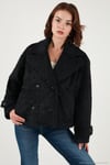 Oversize Kruvaze Yaka Yumuşak Tüylü Düğmeli Astarlı Kadın Mont 6839659 SİYAH