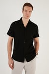 Pamuk Karışımlı Apaş Yaka Kısa Kollu Regular Fit Erkek Gömlek CF24S115882 SİYAH