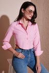 Pamuk Karışımlı Slim Fit Uzun Kollu Crop Kadın Gömlek 6777336 Şeker Pembe