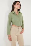 Pamuk Karışımlı Slim Fit Uzun Kollu Crop Kadın Gömlek 6777336 HAKİ