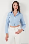 Pamuk Karışımlı Slim Fit Uzun Kollu Crop Kadın Gömlek 6777336 BEBE MAVİ