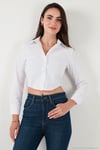 Pamuk Karışımlı Slim Fit Uzun Kollu Crop Kadın Gömlek 6777336 BEYAZ