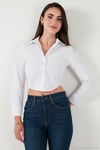 Pamuk Karışımlı Slim Fit Uzun Kollu Crop Kadın Gömlek 6777336 BEYAZ