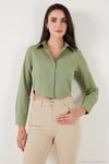 Pamuk Karışımlı Slim Fit Uzun Kollu Crop Kadın Gömlek 6777336 HAKİ