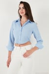 Pamuk Karışımlı Slim Fit Uzun Kollu Crop Kadın Gömlek 6777336 BEBE MAVİ