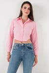 Pamuk Karışımlı Slim Fit Uzun Kollu Crop Kadın Gömlek 6777336 Şeker Pembe