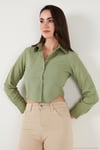 Pamuk Karışımlı Slim Fit Uzun Kollu Crop Kadın Gömlek 6777336 HAKİ