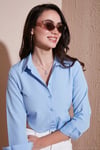 Pamuk Karışımlı Slim Fit Uzun Kollu Crop Kadın Gömlek 6777336 BEBE MAVİ