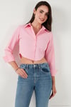 Pamuk Karışımlı Slim Fit Uzun Kollu Crop Kadın Gömlek 6777336 Şeker Pembe