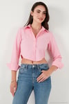 Pamuk Karışımlı Slim Fit Uzun Kollu Crop Kadın Gömlek 6777336 Şeker Pembe