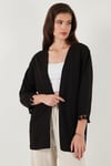 Pamuk ve Keten Karışımlı Püskül Detaylı Regular Fit Uzun Kimono Kadın Hırka 5869015 SİYAH