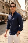 Pamuk ve Keten Karışımlı Regular Fit Klasik Yaka Uzun Kollu Erkek Gömlek CF26S1210134 LACİVERT