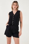 Pamuk ve Keten Karışımlı Slim Fit Yelek Şort Kadın Takım 5866118 SİYAH