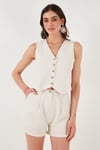 Pamuk ve Keten Karışımlı Slim Fit Yelek Şort Kadın Takım 5866118 BEJ
