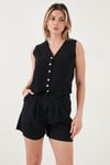 Pamuk ve Keten Karışımlı Slim Fit Yelek Şort Kadın Takım 5866118 SİYAH