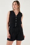 Pamuk ve Keten Karışımlı Slim Fit Yelek Şort Kadın Takım 5866118 SİYAH