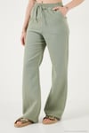 Pamuklu Bağlamalı Relaxed Fit Yüksek Bel Geniş Paça Müslin Kadın Pantolon 5866663 Olive